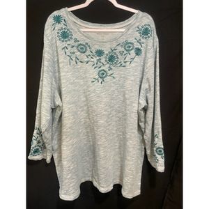 Woman Within 3X Deep Teal Marled 3/4 Sleeve Embroidered Sweatshirt